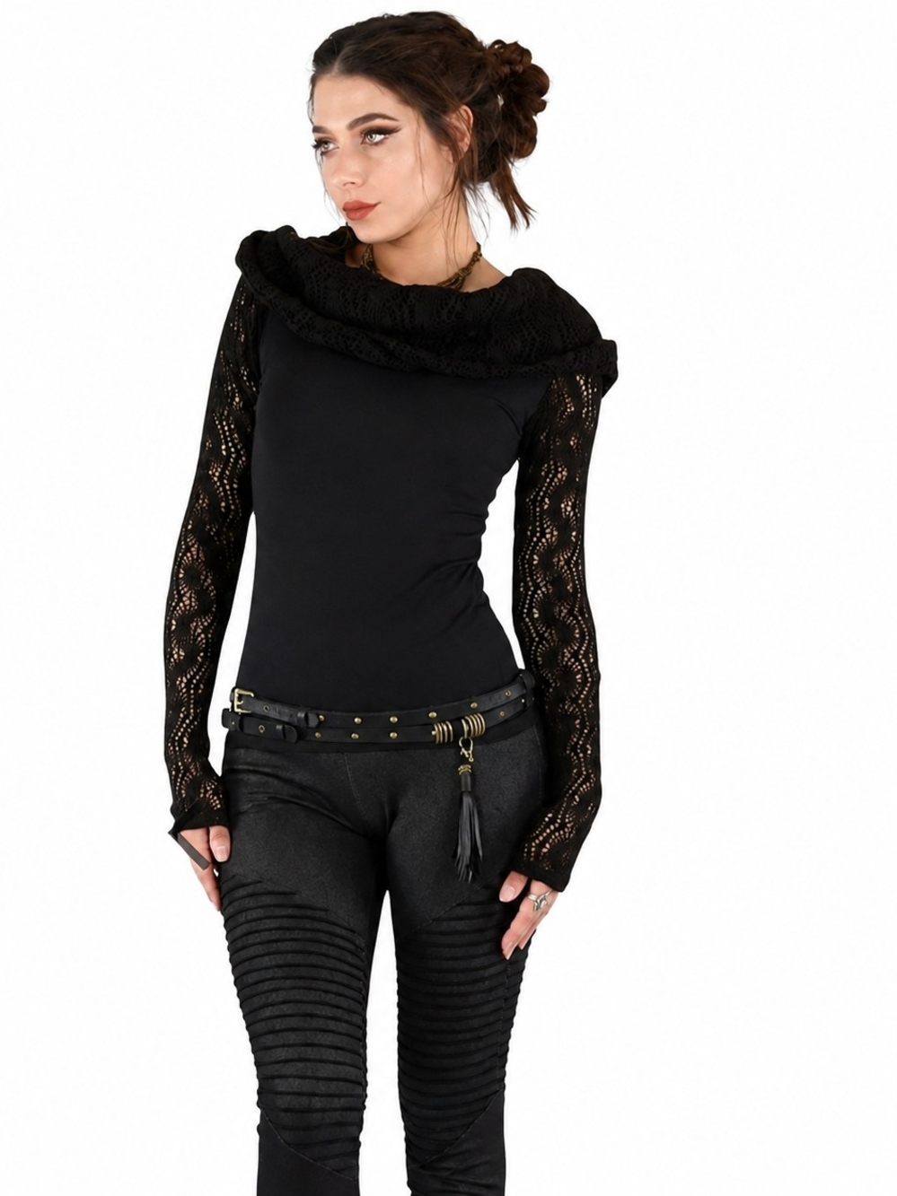 Crochet Off-The-Shoulder Black Long Sleeve Sweater Top XL toonzshop Yggdrazil - Picture 2 of 6